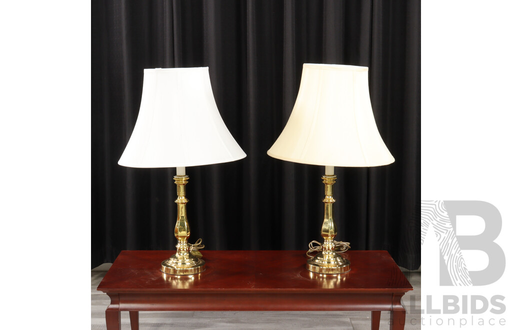 Pair of Brass Table Lamps with Sectional Fabric Shades