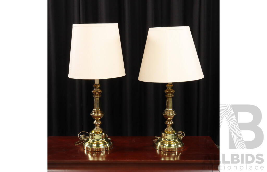 Pair of Brass Table Lamps with Conical Fabric Shades