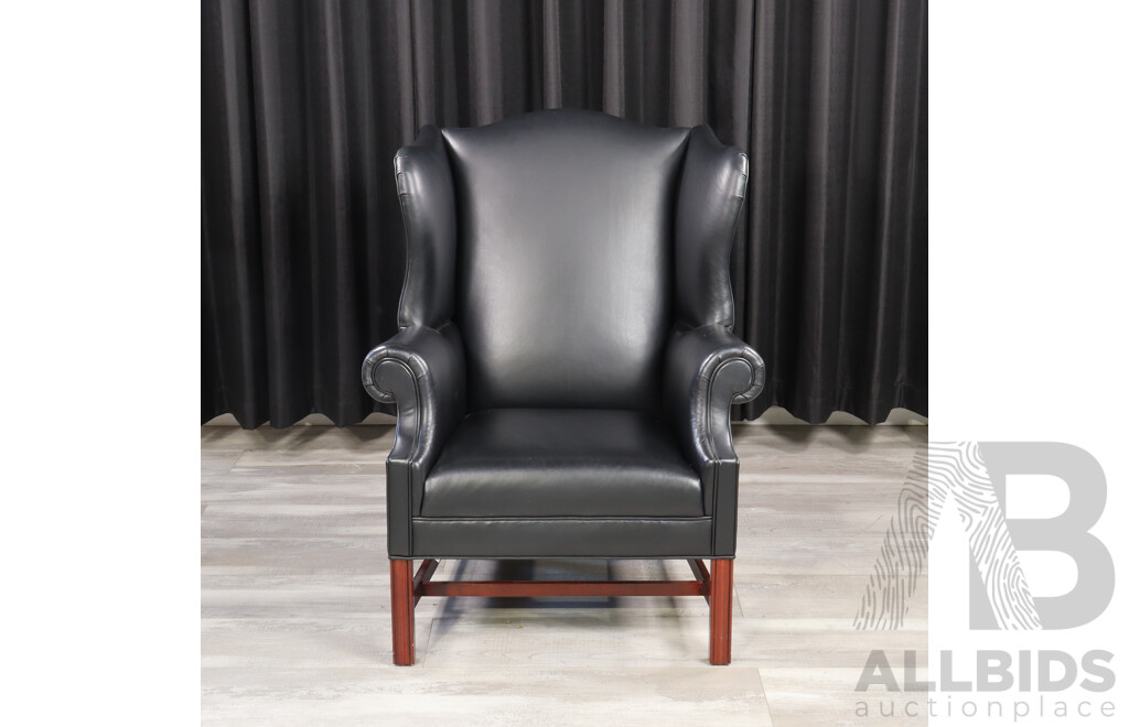 Georgian Style Black Leather Wing Back Arm Chair