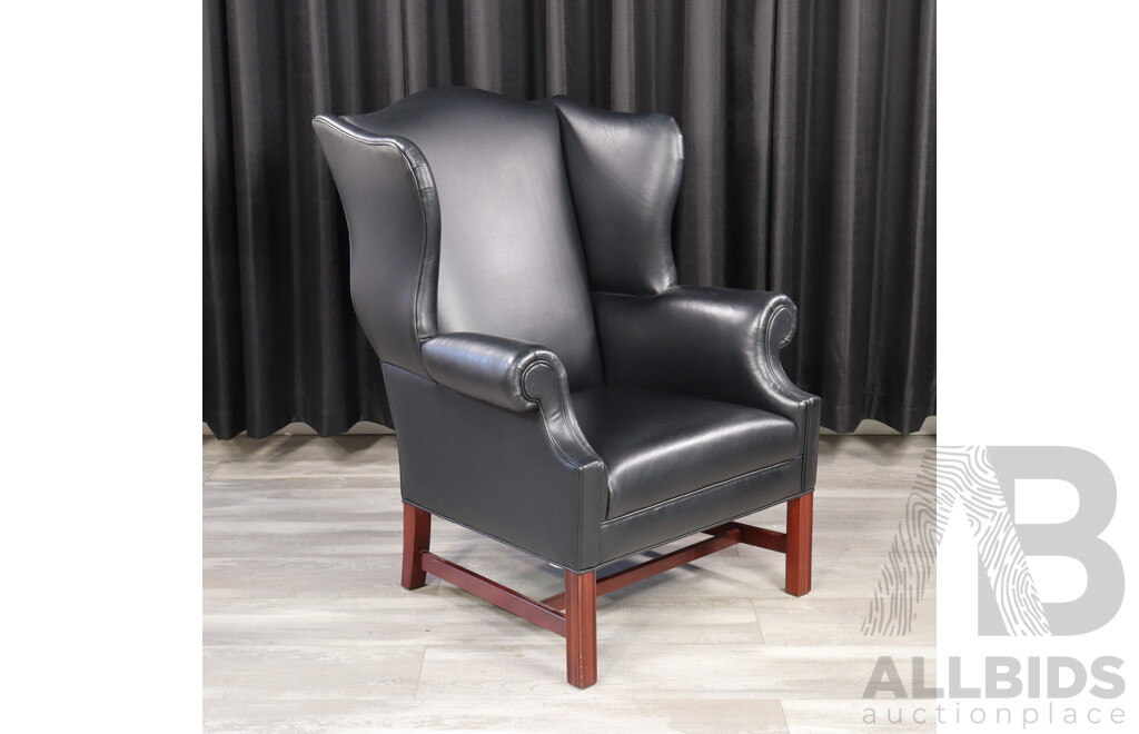 Georgian Style Black Leather Wing Back Arm Chair