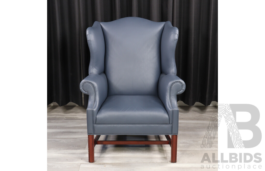 Georgian Style Blue Leather Wing Back Arm Chair