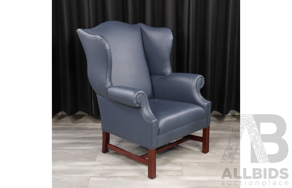Georgian Style Blue Leather Wing Back Arm Chair