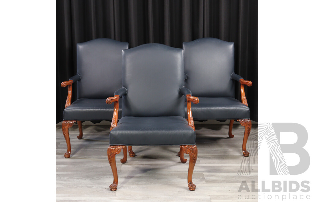 Good Set of Three Over Sized Leather Upholstered Carvers by Councill, Denton, NC,USA