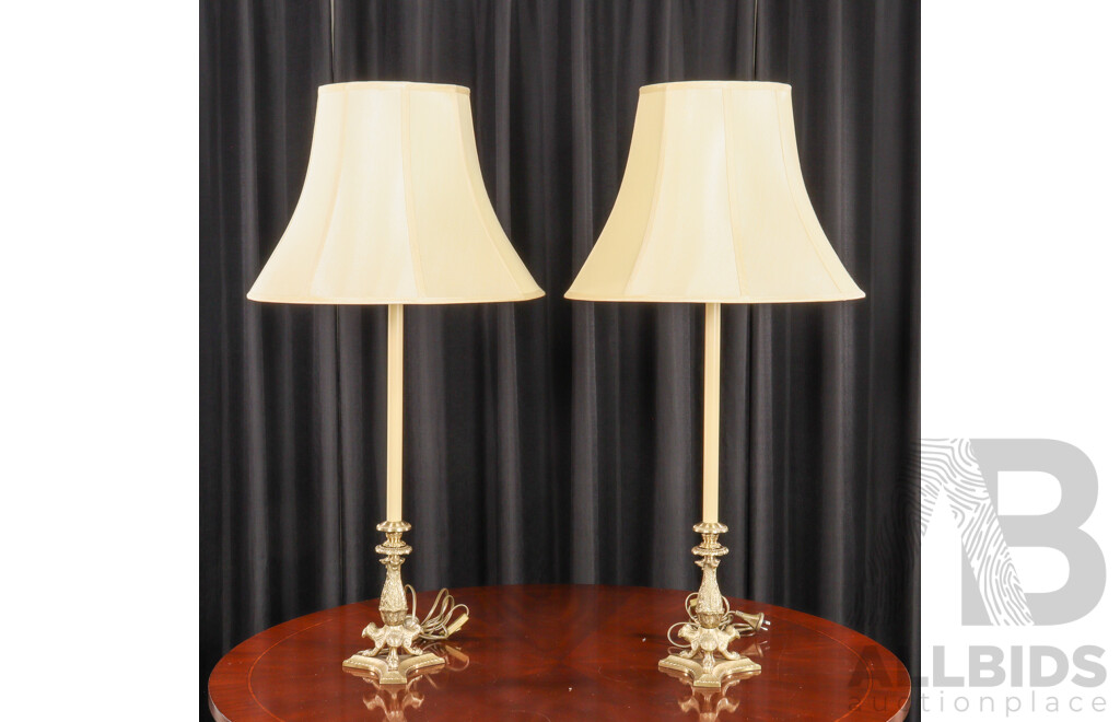 Pair of Large Brass Candle Stick Form Table Lamps by Wildwood Lamps