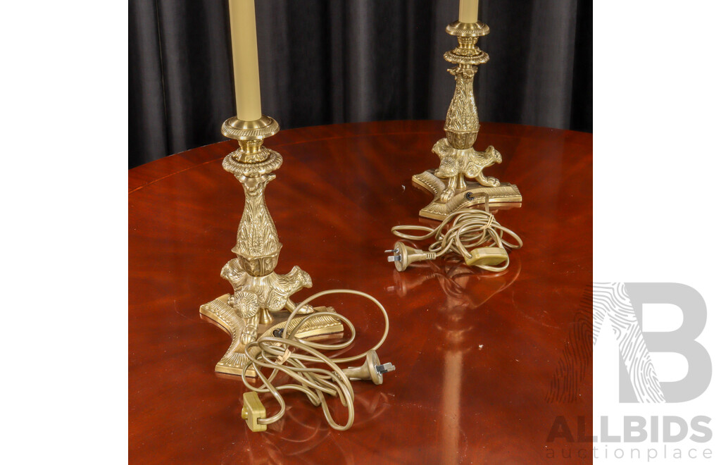 Pair of Large Brass Candle Stick Form Table Lamps by Wildwood Lamps