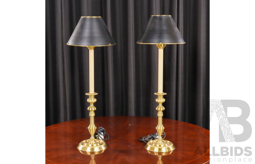 Pair of Regency Style Turned Brass Candle Stick Form Table Lamps by Wildwood Lamps
