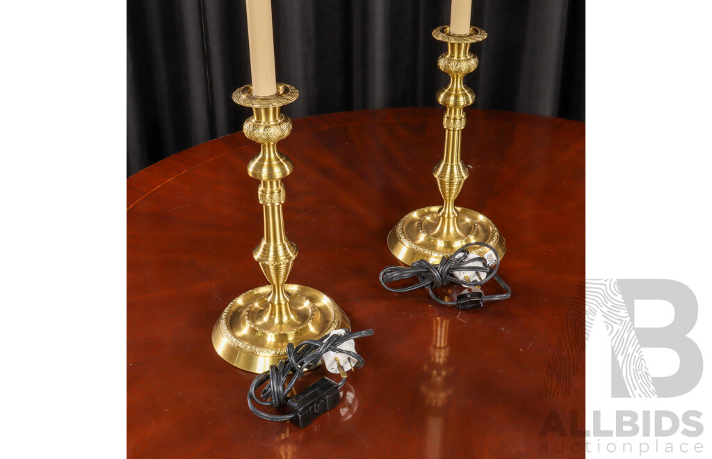 Pair of Regency Style Turned Brass Candle Stick Form Table Lamps by Wildwood Lamps