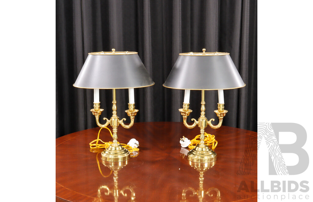 Pair of Brass Bouillotte Style Table Lamps with Painted Metsal Shades by Adelphia Lamps