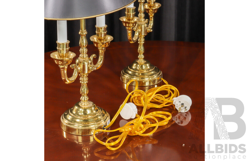 Pair of Brass Bouillotte Style Table Lamps with Painted Metsal Shades by Adelphia Lamps