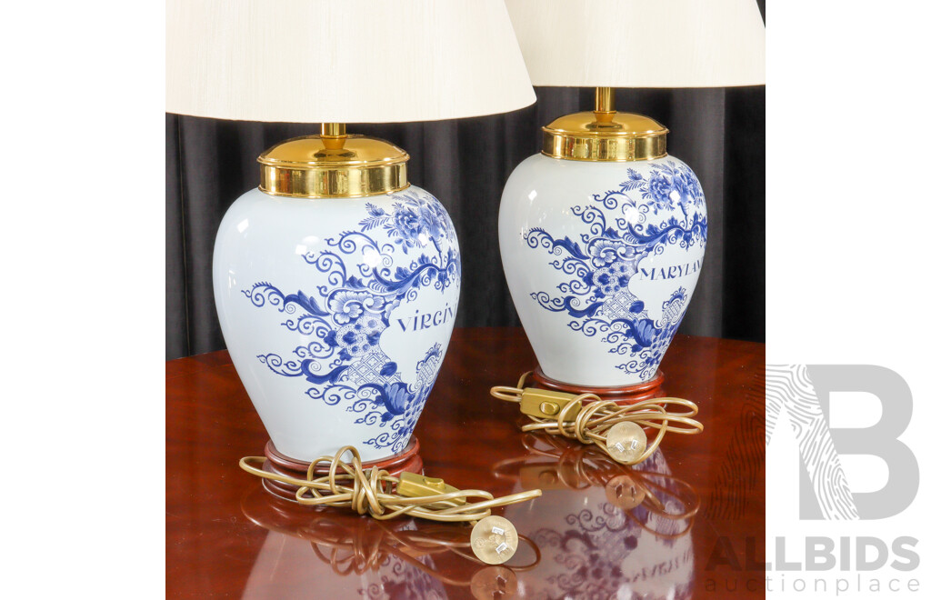 Pair of Glazed Blue and White Ceramic Table Lamps Marked Maryland and Virginia