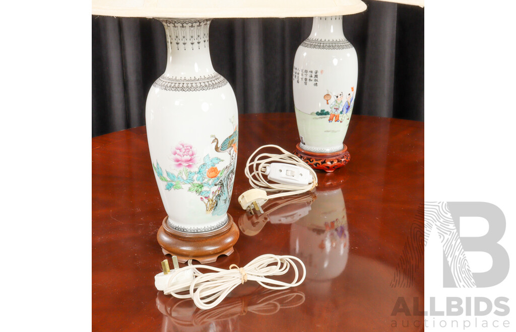Pair of Simular Chinese Ceramic Table Lamps with Fabric Shades