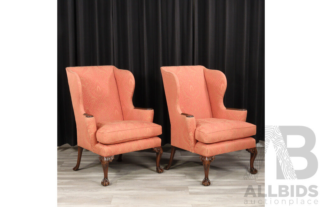 Pair of Georgian Style Wing Back Armchairs with Brocade Upholstery