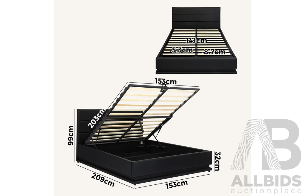 Oikiture Bed Frame Queen Size Gas Lift Base with Storage (BF-B-LAYZ-Q-BK)