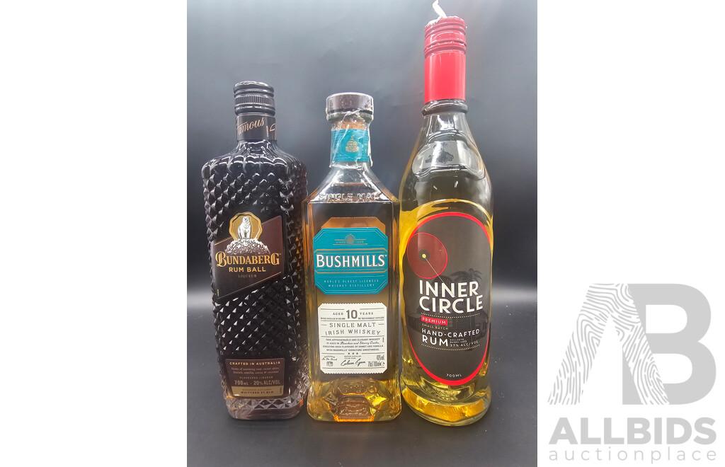 Bundaberg Rum Ball 700ml, Bushmills Single Malt Whiskey 700ml and Inner Circle Rum 700ml