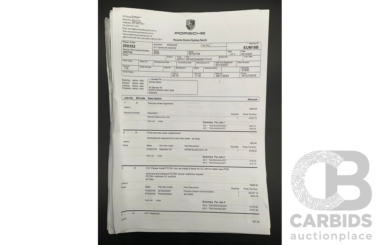 2007 Porsche 911 Carrera 4 S 997 (AWD) 2d Cabriolet Carrara White 3.8L - 12/13 Personal Import