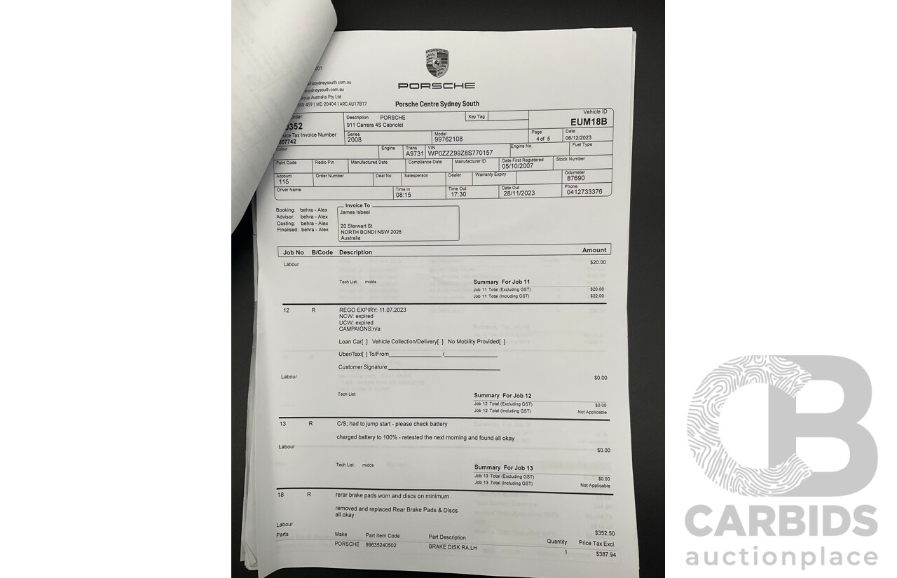 2007 Porsche 911 Carrera 4 S 997 (AWD) 2d Cabriolet Carrara White 3.8L - 12/13 Personal Import