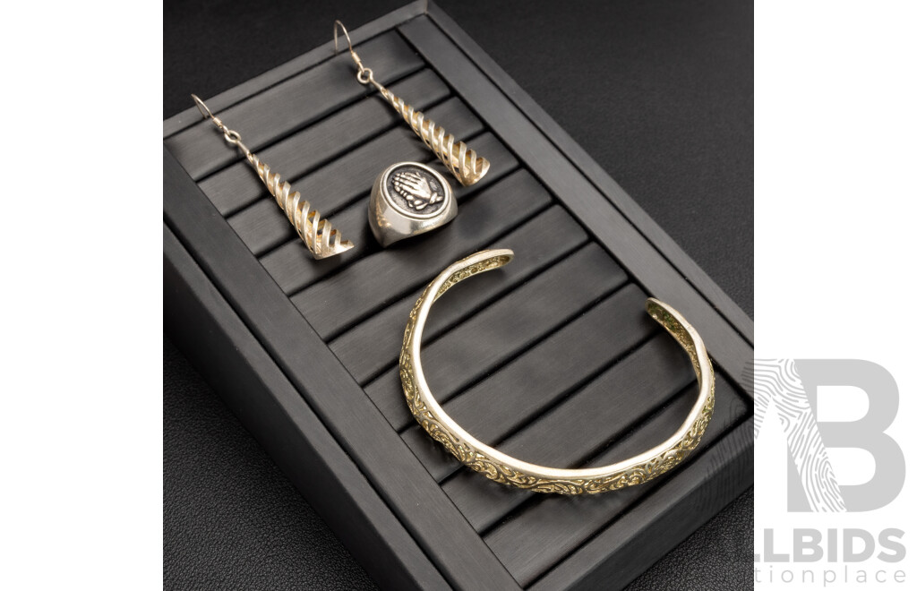 Sterling Silver Cuff Bangle, Drop Spiral Cone Earrings & Signet Ring with Prayer Hands, 24.97 Grams