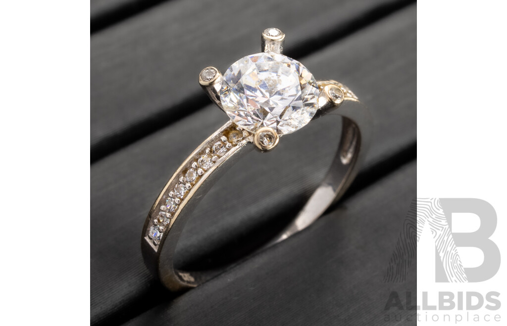 9ct White Gold Cubic Zirconia Engagement Style Ring, Size O, 2.23 Grams