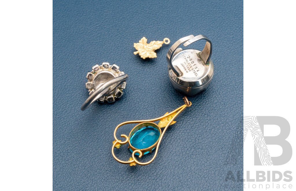 Seiko 17 Jewels Vintage Watch Ring 11-7590 290154 with Adjustable Band & Art Nouveau Paste Stone Pendant