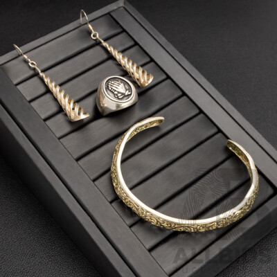 Sterling Silver Cuff Bangle, Drop Spiral Cone Earrings & Signet Ring with Prayer Hands, 24.97 Grams