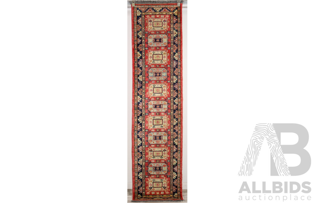 Vintage Kazak Hall Runner in Red and Blue Tones