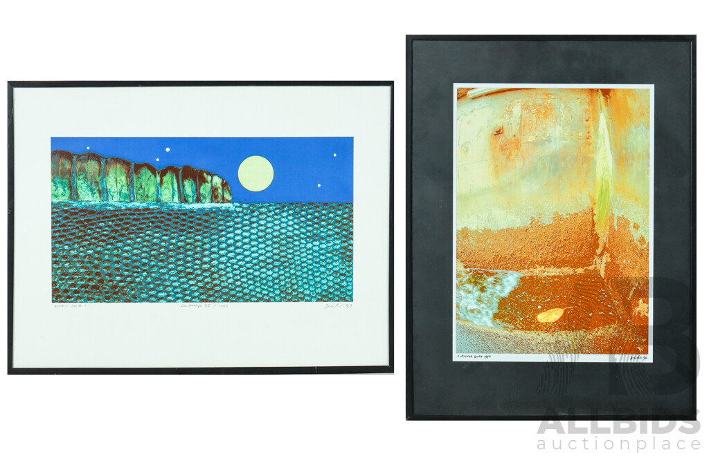 S. Parker (20th C., Australian, Active c1990s), Circular Quay (1990) & Quiet Sea I [Landscape 35 of 1996], Pair Original Mixed Media Prints, 31 x 41 cm & 41 x 31 cm (frames) (2)