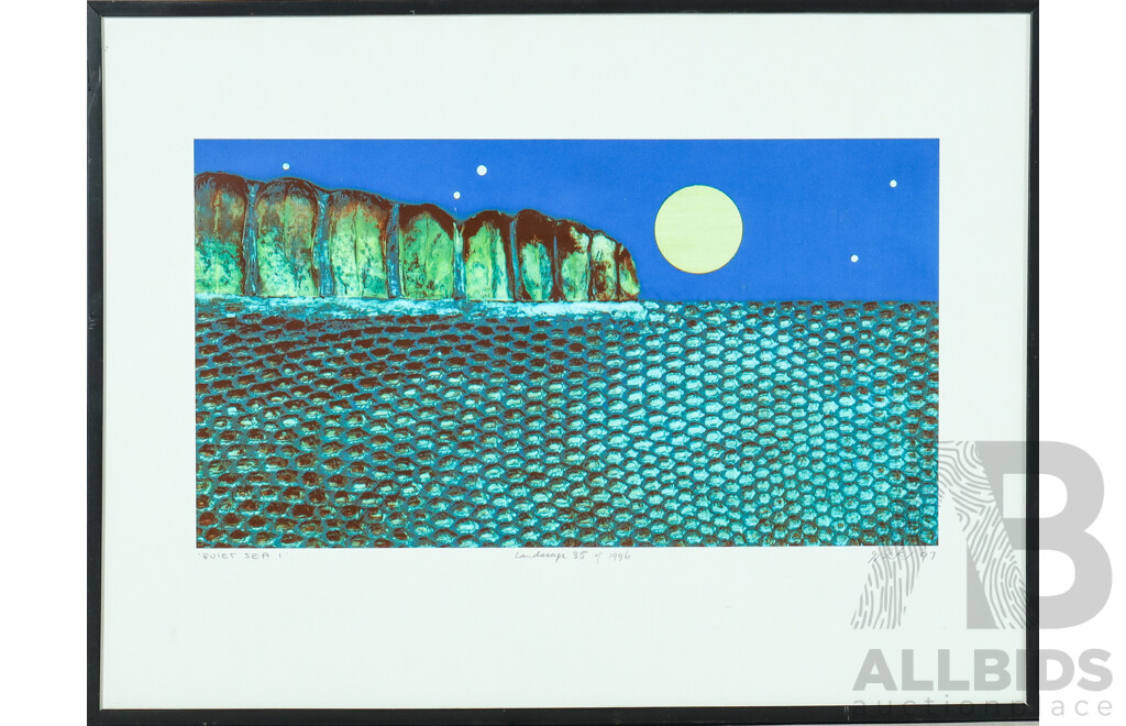 S. Parker (20th C., Australian, Active c1990s), Circular Quay (1990) & Quiet Sea I [Landscape 35 of 1996], Pair Original Mixed Media Prints, 31 x 41 cm & 41 x 31 cm (frames) (2)