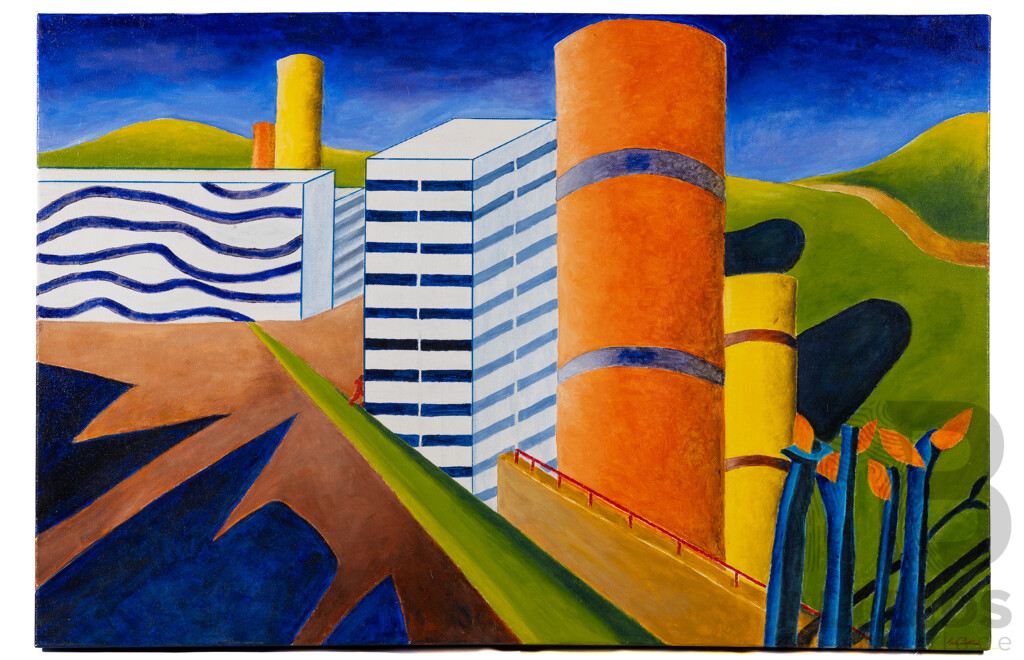 Ruth Lathlean, (20th Century, Australian), Urban Landscape After Jeffrey Smart, Wonderful Original Acrylic on Canvas, 61 x 91 cm