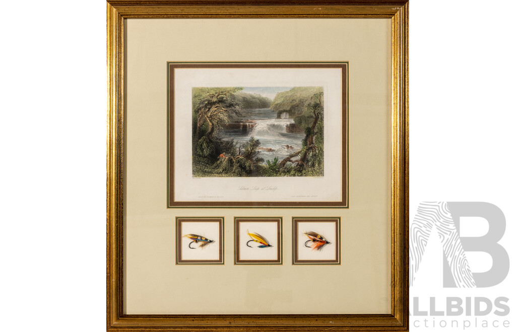 William Henry Bartlett, (19th Century, British, 1809-1854), Salmon Leap at Leixlip with Salmon Flies, Original Hand Coloured Engraving (c1855), 46 x 42 cm (frame)