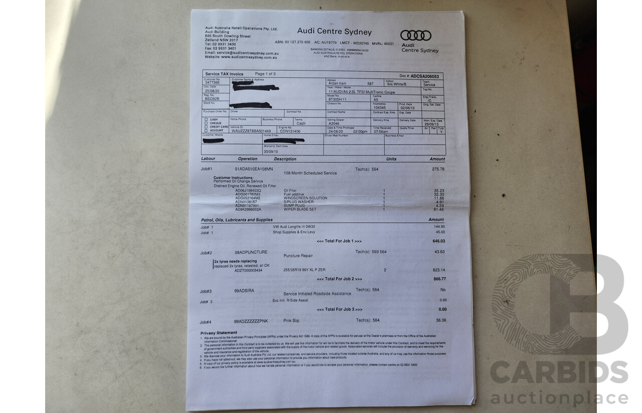 9/2010 Audi A5 2.0 TFSI 8T 2d Coupe White 2.0L