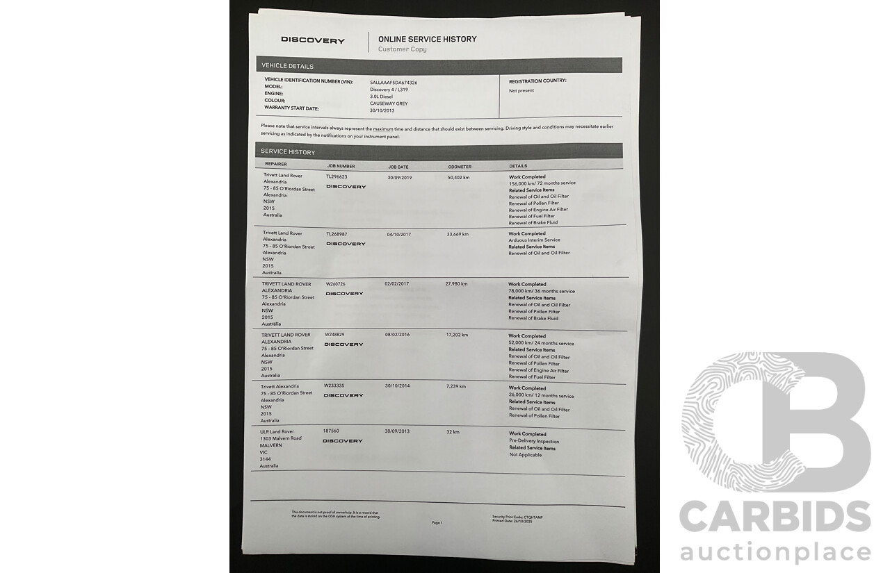 6/2013 Land Rover Discovery 4 3.0 SDV6 SE MY13 4d Wagon Causeway Grey Metallic Turbo Diesel V6 3.0L