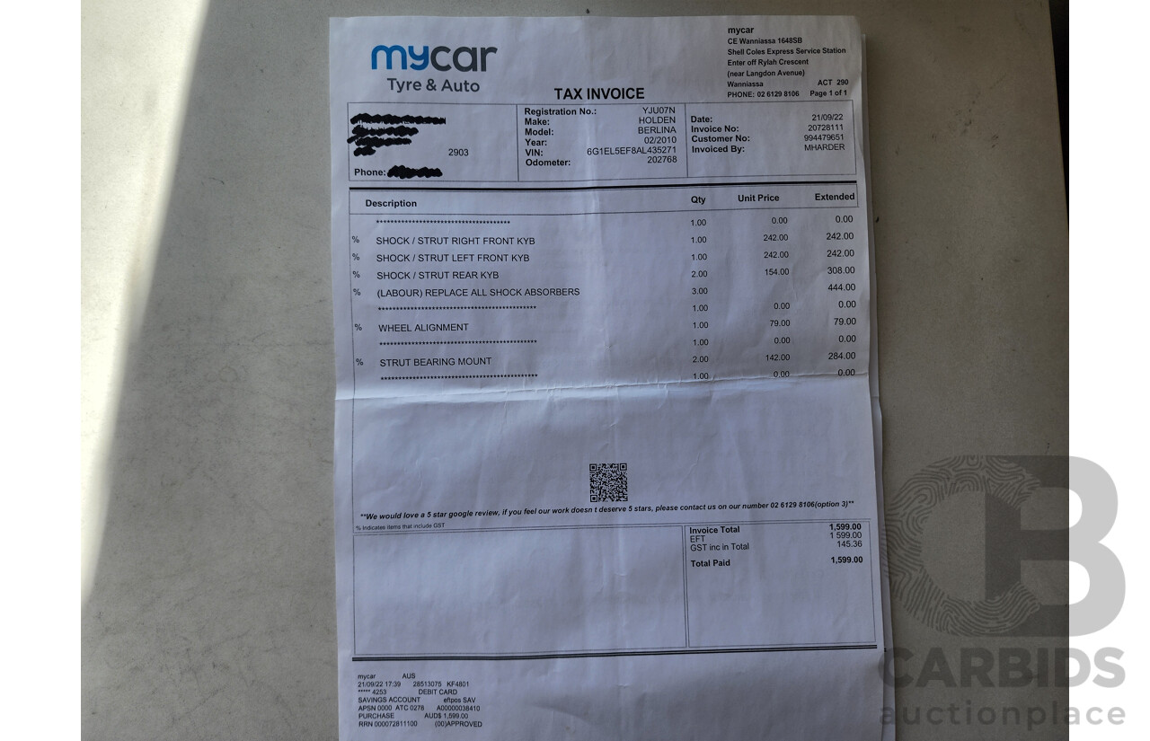 2/2010 Holden Berlina  VE MY10 4d Sedan Black 3.0L