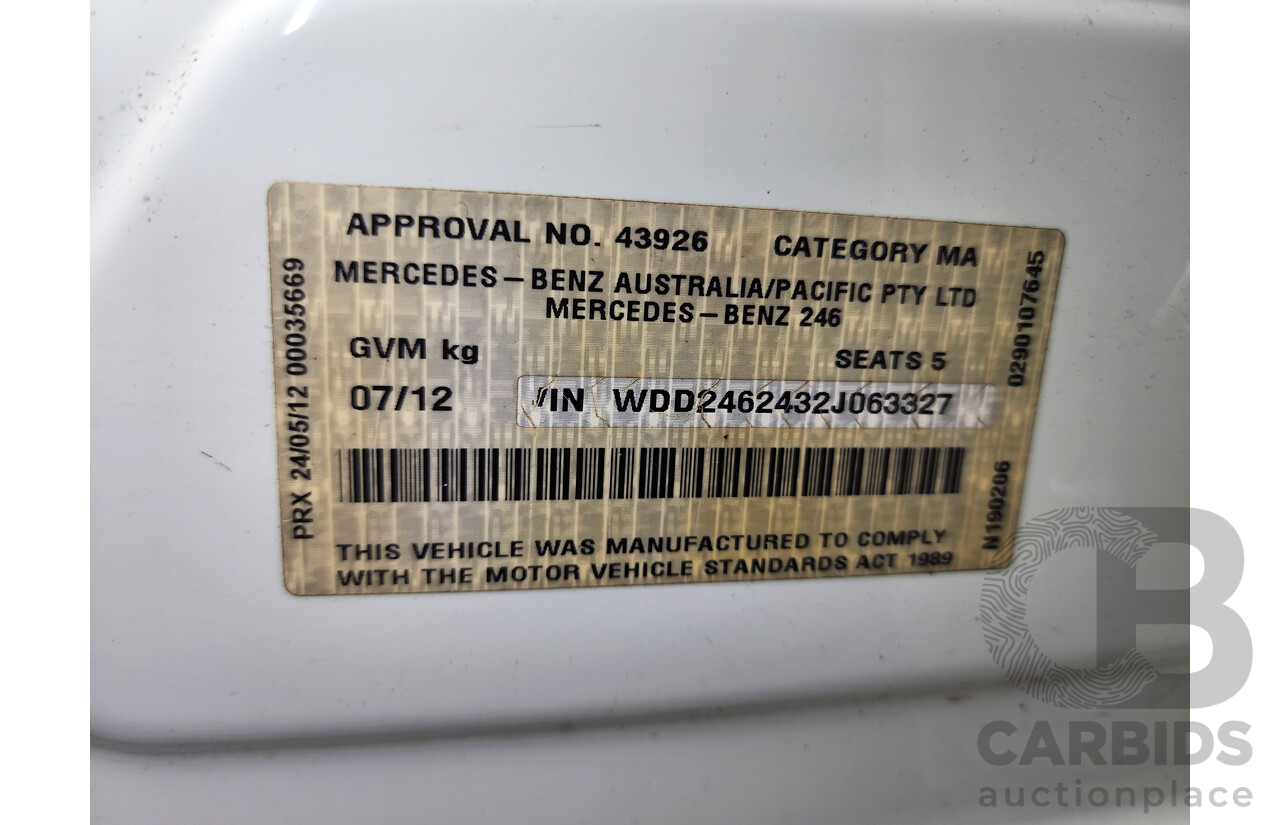 7/2012 Mercedes-Benz B200 BE 246 5d Hatchback White 1.6L