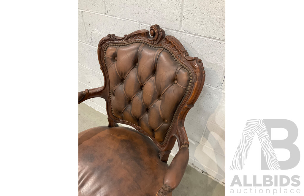 French Walnut and Leather Button back Fauteuil Armchair 