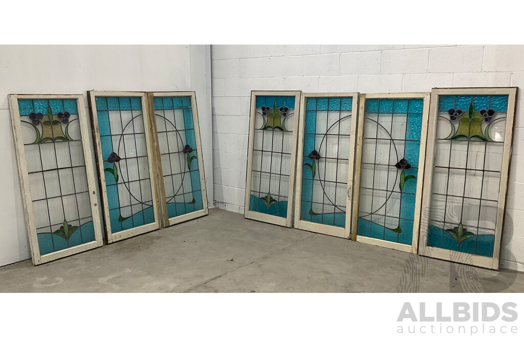 Matching Set of Seven Secessionist Style Cedar Leadlight Windows