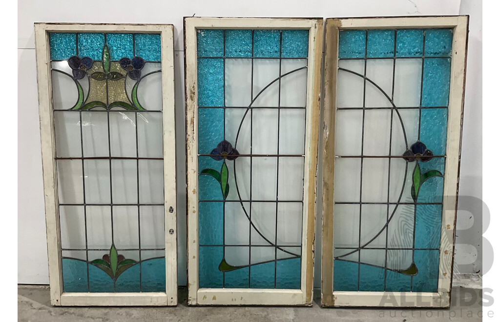 Matching Set of Seven Secessionist Style Cedar Leadlight Windows