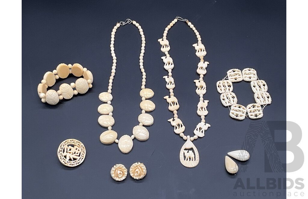 Collection of Vintage Carved Bone Jewellery, Including Pendants, Bracelets, Earrings and Brooch - Lot of 7