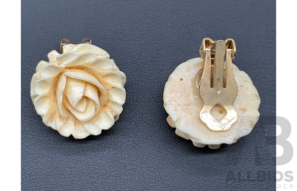 Collection of Vintage Carved Bone Jewellery, Including Pendants, Bracelets, Earrings and Brooch - Lot of 7