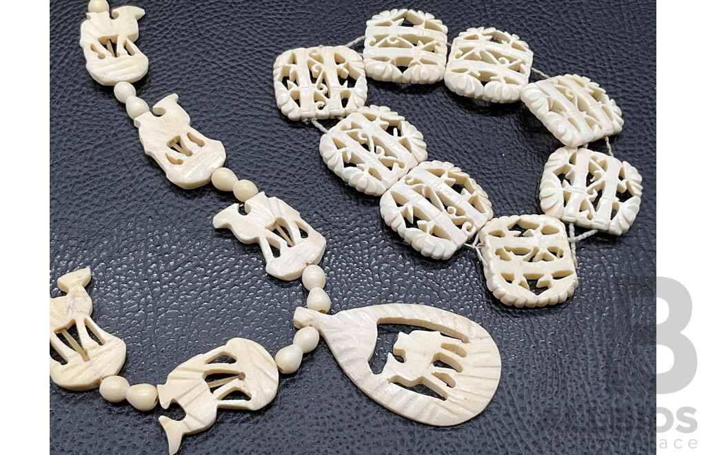 Collection of Vintage Carved Bone Jewellery, Including Pendants, Bracelets, Earrings and Brooch - Lot of 7