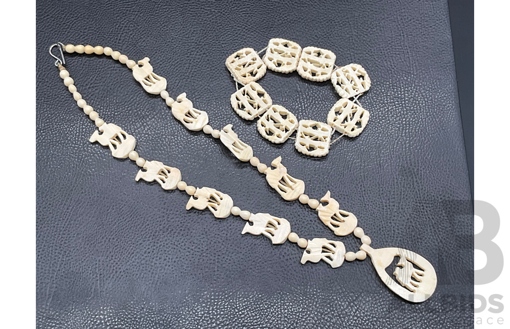 Collection of Vintage Carved Bone Jewellery, Including Pendants, Bracelets, Earrings and Brooch - Lot of 7
