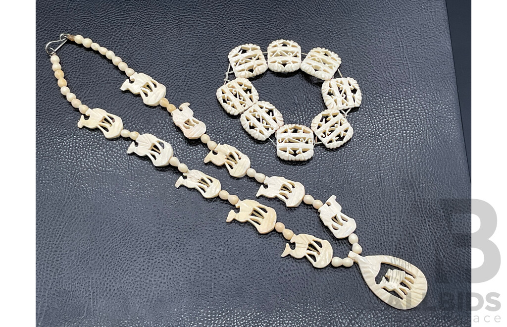 Collection of Vintage Carved Bone Jewellery, Including Pendants, Bracelets, Earrings and Brooch - Lot of 7