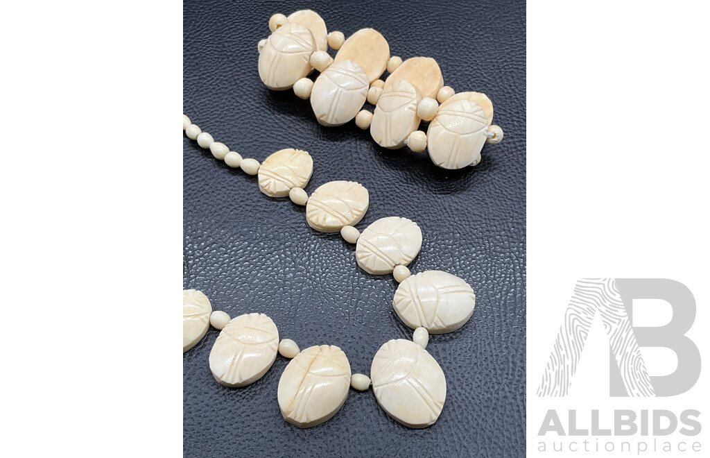 Collection of Vintage Carved Bone Jewellery, Including Pendants, Bracelets, Earrings and Brooch - Lot of 7