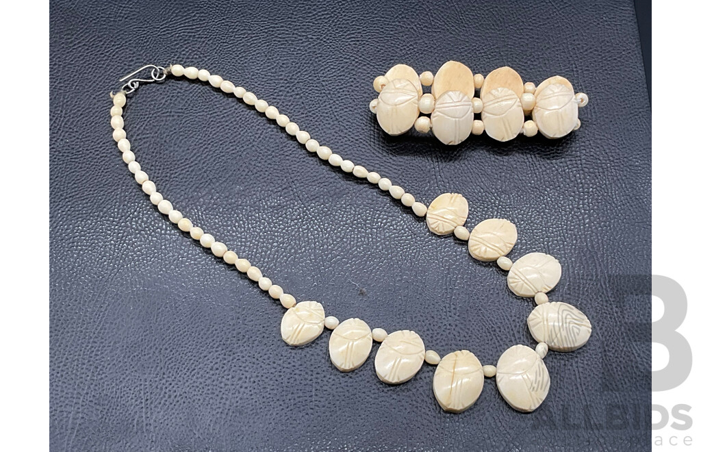 Collection of Vintage Carved Bone Jewellery, Including Pendants, Bracelets, Earrings and Brooch - Lot of 7