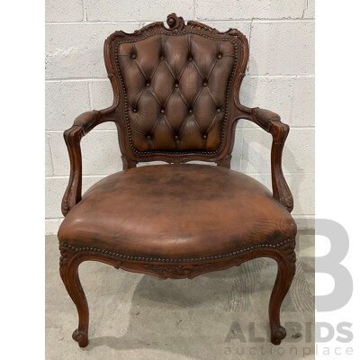 French Walnut and Leather Button back Fauteuil Armchair 