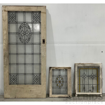 Antique Cedar Framed Leadlight Panel Door and Two Leadlight Windows