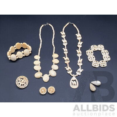 Collection of Vintage Carved Bone Jewellery, Including Pendants, Bracelets, Earrings and Brooch - Lot of 7