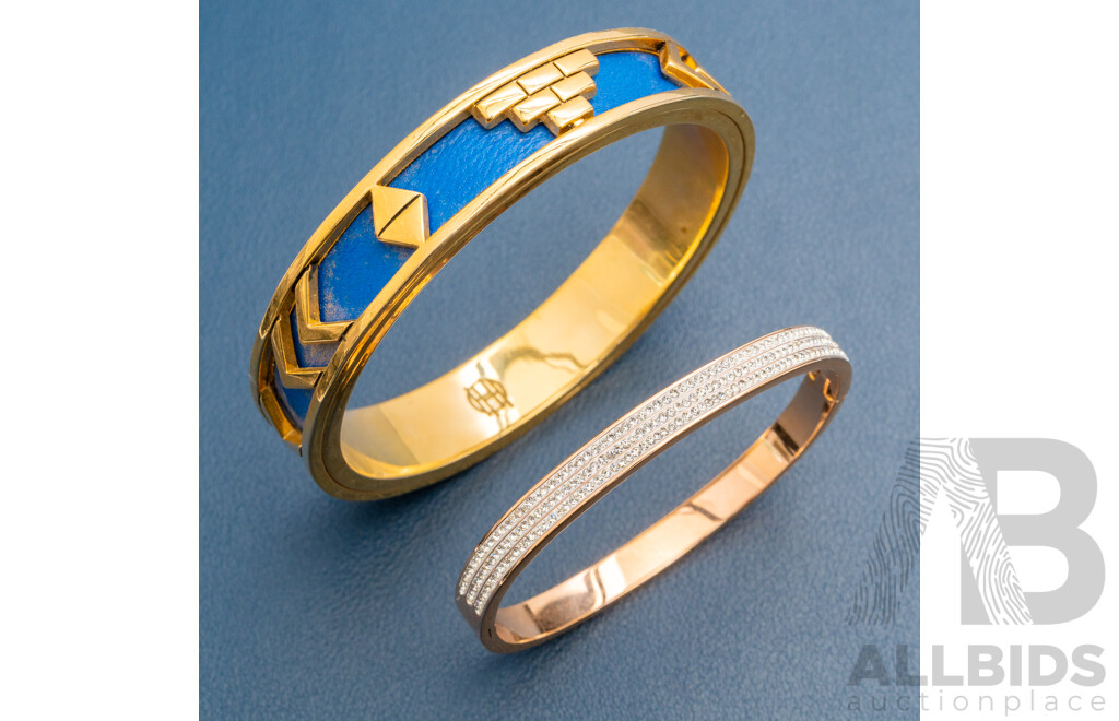 Vintage House of Harlow 1960 Aztec Bangle, Blue/gold Tone & Rose Tone Diamonte Hinged Bangle