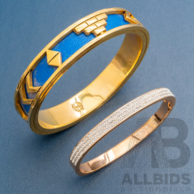 Vintage House of Harlow 1960 Aztec Bangle, Blue/gold Tone & Rose Tone Diamonte Hinged Bangle