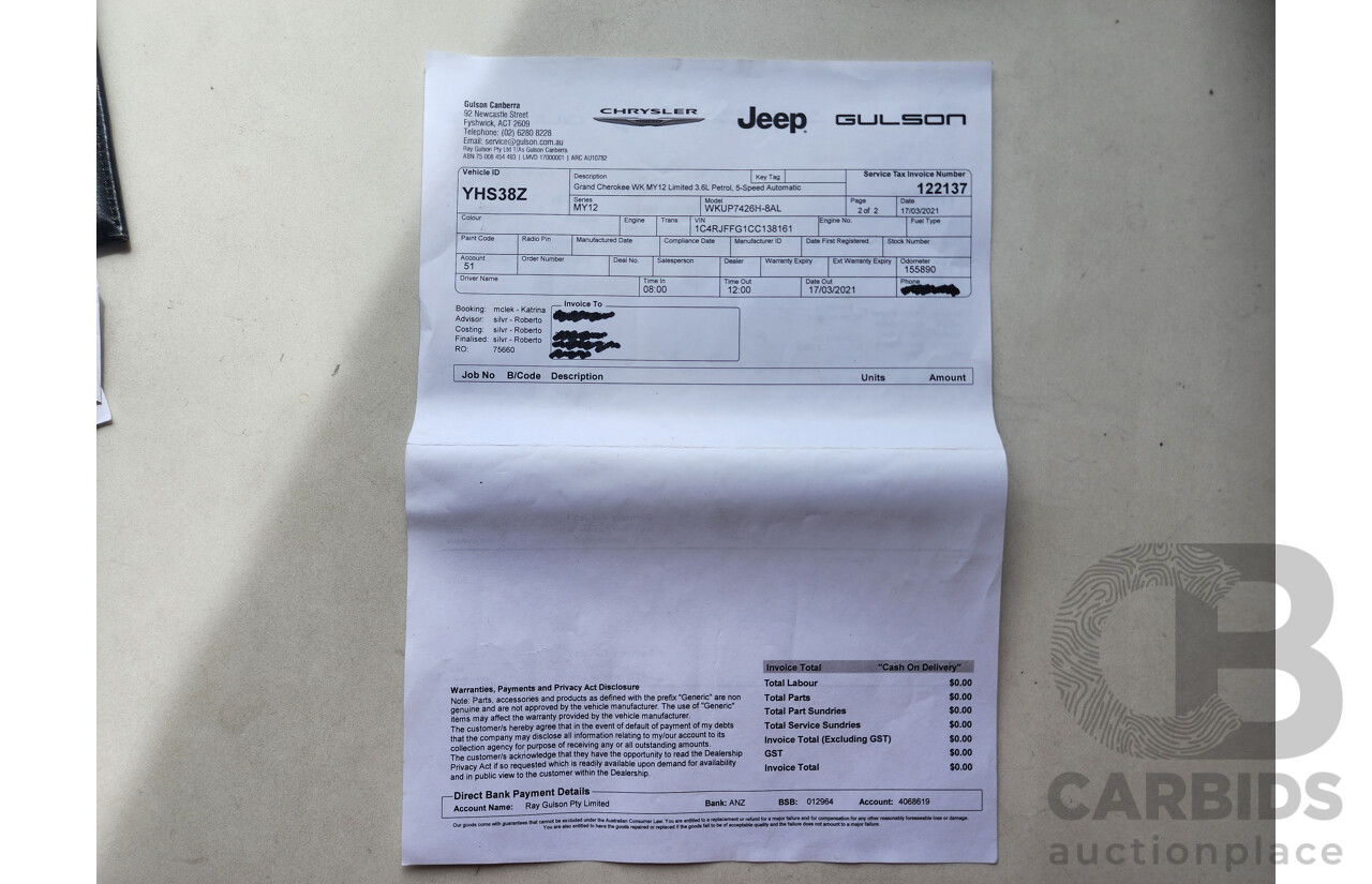 11/2011 Jeep Grand Cherokee Limited (4x4) WK 4d Wagon White 3.6L