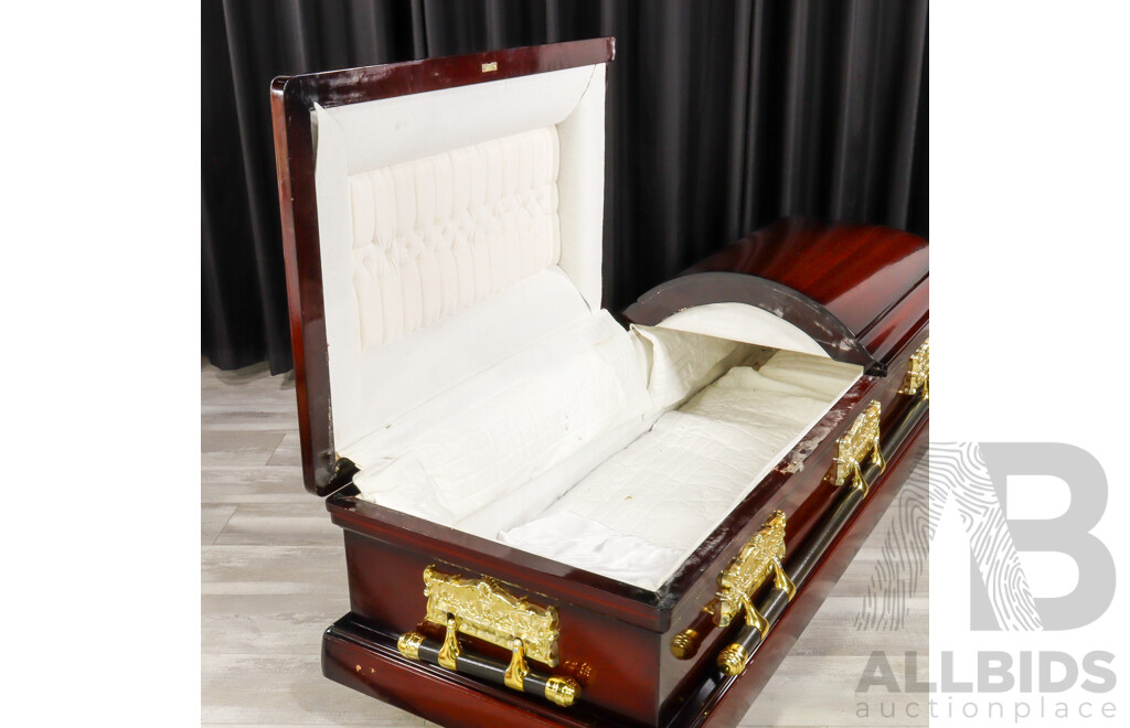 Mahogany Fabric Lined Coffin with Two Opening Lids